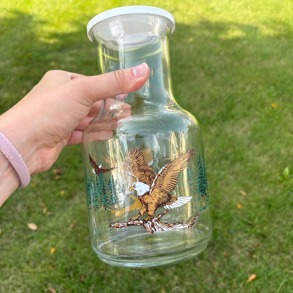 Set of Vintage Glass Eagle & Fruit Pitchers with 1 lid (2 pitchers and 1 lid)
